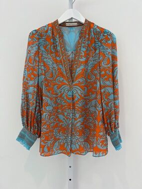 ALICE + OLIVIA ORANGE & BLUE COTTON SILK TOP SIZE M NWOTS!